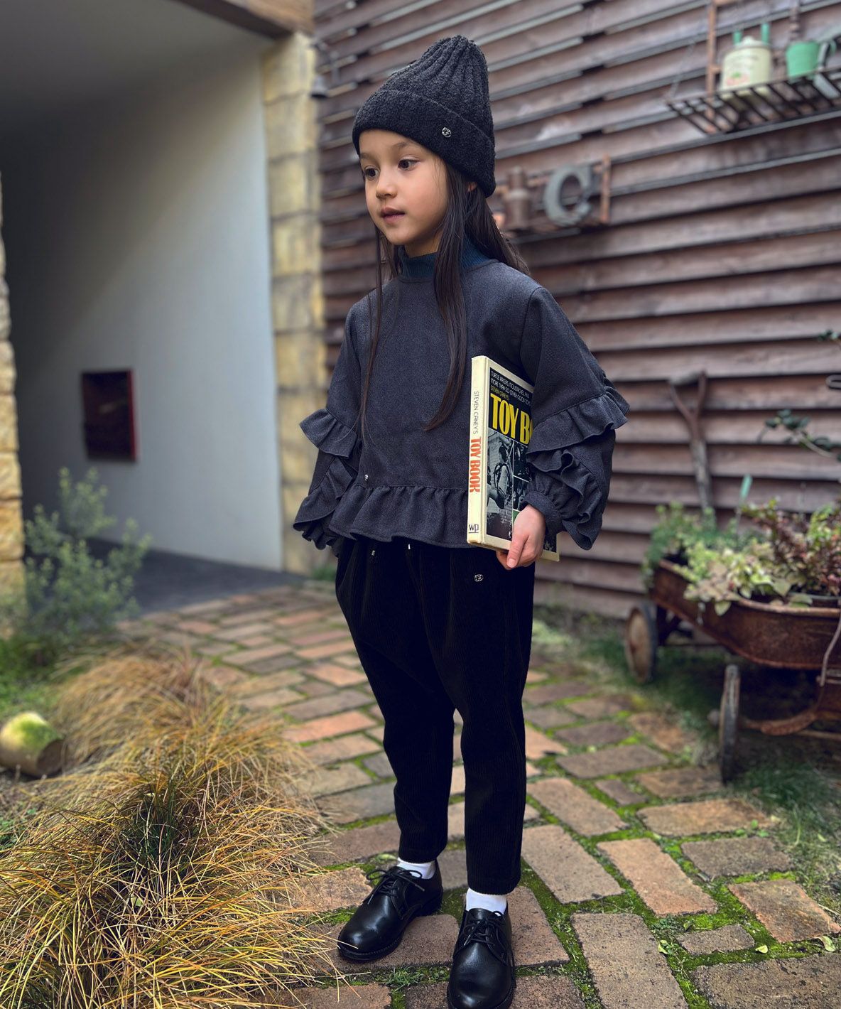 Melange Herringbone Tweed Frilled Pullover