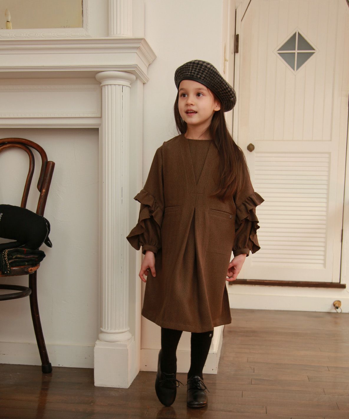 Melange Herringbone Tweed Frilled Pullover