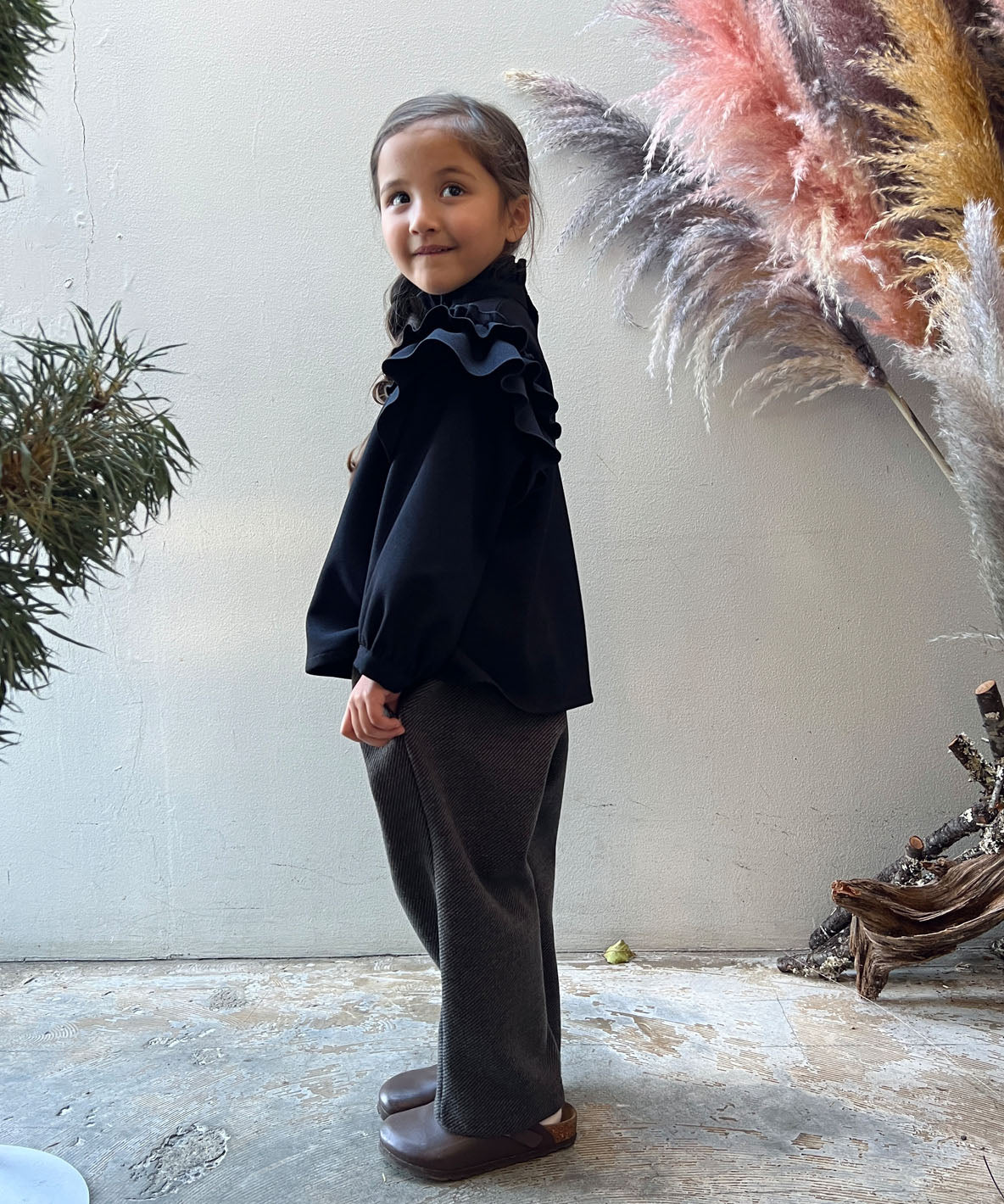 Mottled Serge Stretchy Ruffled Blouse