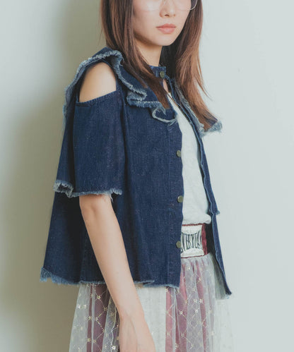 Work Denim Ruffled Blouse