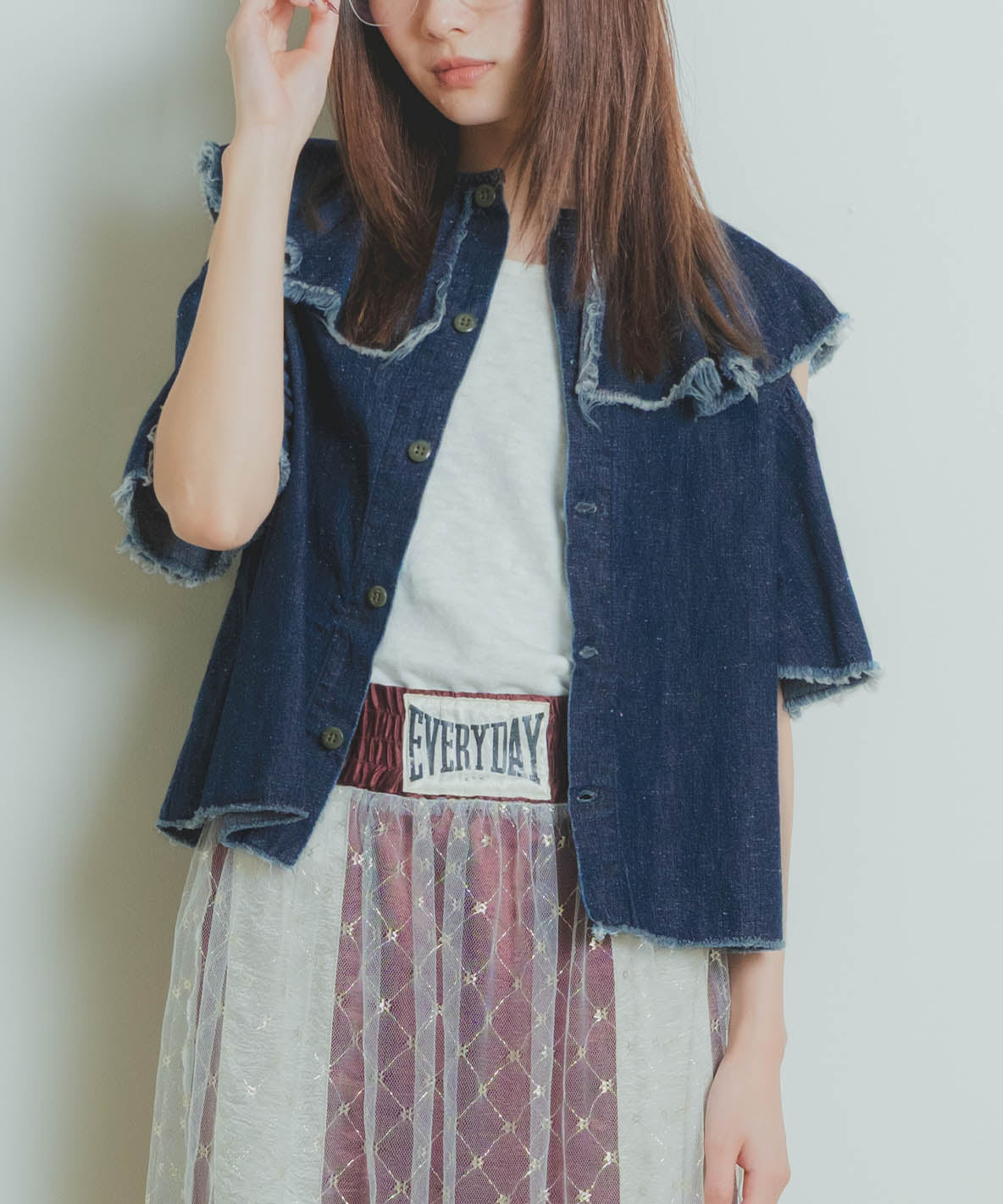 Work Denim Ruffled Blouse