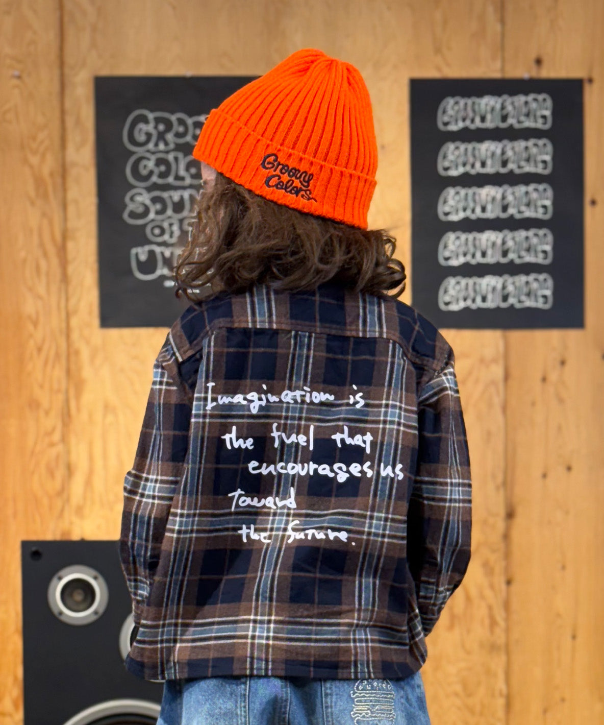 Wool Plaid Band Collar Graffiti Shirt