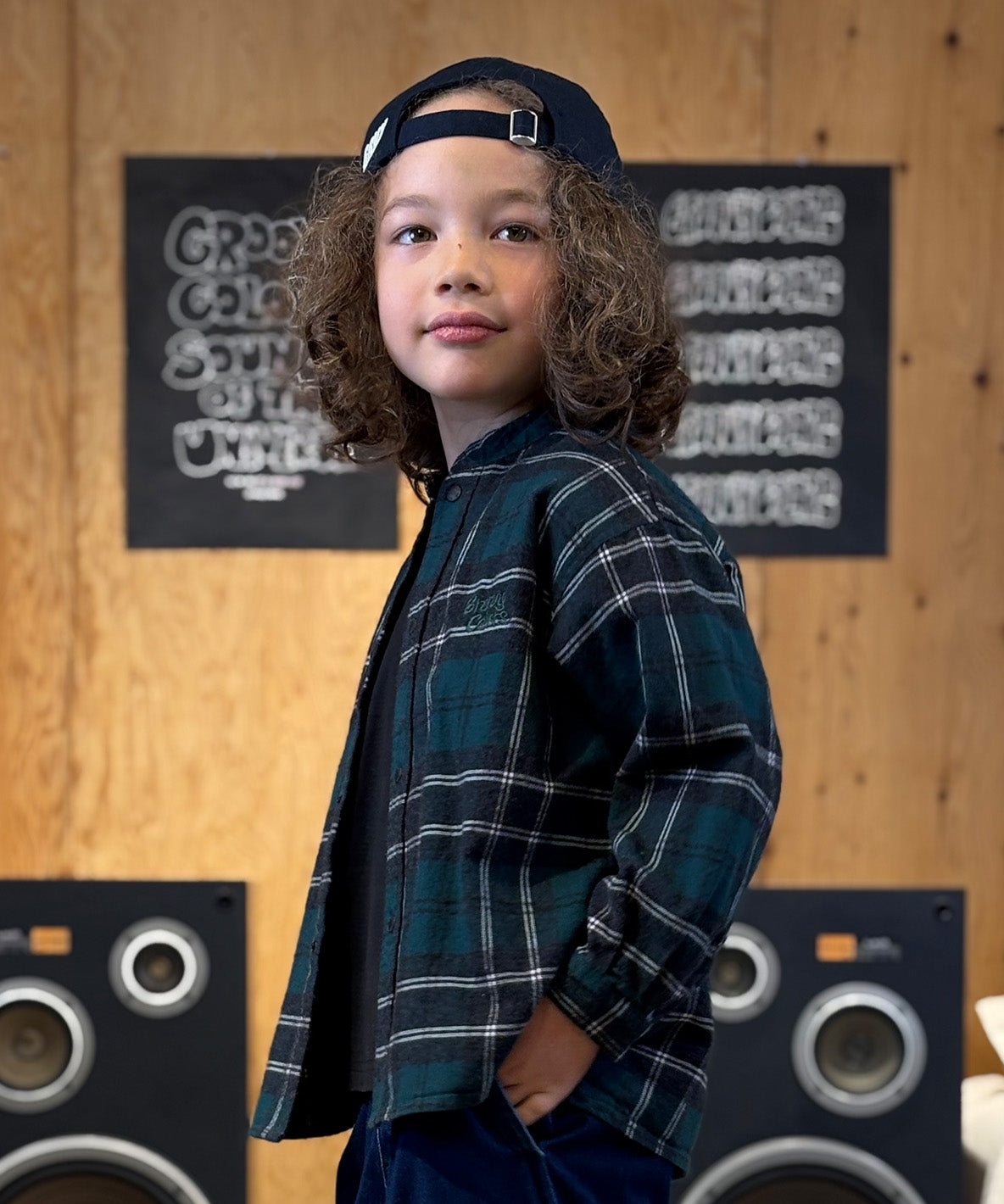 Wool Plaid Band Collar Graffiti Shirt